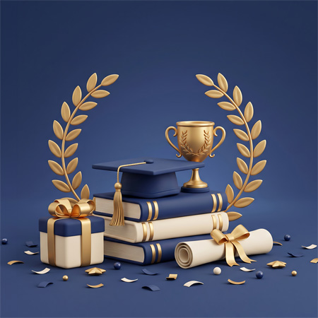 The scene depicts a graduation cap, a diploma scroll, and a trophy symbolizing academic success.